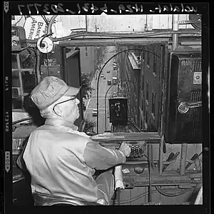 Joseph M. Cooper operating an Angels Flight car, 1960.