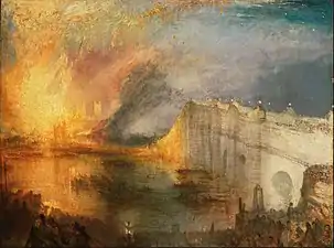 The Burning of the Houses of Lords and Commons by J. M. W. Turner, 1835, with Westminster Bridge on the right