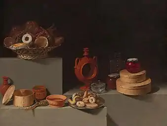 Sweets, pottery, glassware, and wooden containers.Still Life with Sweets and Pottery by Juan van der Hamen; 1627, 85 × 113&nbsp;cm, National Gallery.