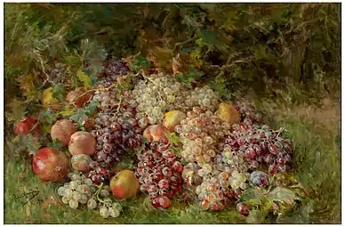 Grapes and landscape painting.Fruits by Julia Alcayde y Montoya; 1926, 72 × 106&nbsp;cm, Prado Museum.