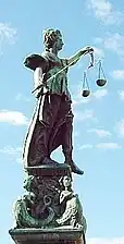 Sculpture of Lady Justice on the Gerechtigkeitsbrunnen&nbsp;[de] in Frankfurt, Germany