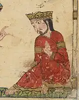 Kalila wa Dimna BNF Arabe 3465, folio 20v. King wearing the aqabā' turkī with uninscribed tiraz armbands.