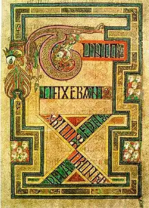 A highly stylised ouroboros from The Book of Kells, an illuminated Gospel Book (c.&nbsp;800 CE)