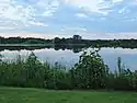 A placid lake lies under a pink/blue afternoon sky. In the foreground is a well groomed lawn and a border of plants, including a sunflower, that encircles that lake.