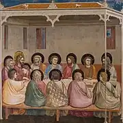 One of the earliest uses of verdigris as a pigment in painting; Last Supper (1306) by Giotto Di Bondone