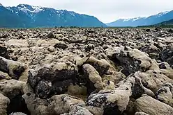 Jagged, moss-covered rocks in a valley bounded by lightly snow-covered mountains.