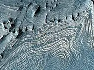 Close view of layers in Candor.  Image has been processed in color to bring out more detail.
