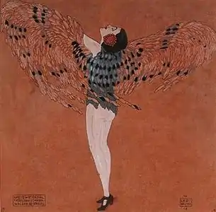 Wiesenthal dancing Johann Strauss II's Frühlingsstimmen. Hand-coloured illustration by Leo Rauth&nbsp;[de], 1910