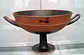 Lip cup by the potter Tleson with signature ("Tleson, son of nearchos, made me"), c. 540 BC, now in the Munich State Collection of Antiquities