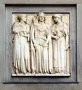 Liverpool wears regalia of office, flanked by Art (holding a model of the south facade of St George's Hall) on the left and Labour on the right