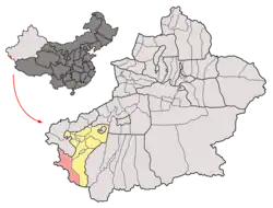 Tashkurgan County (red) in Kashgar Prefecture (yellow) and Xinjiang