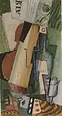 Violon, bouteilles de Marc et cartes (Violin, Marc bottles and cards). Signed and dated Marcoussis 1919. Gouache and watercolor over charcoal on paper, 45.8 x 24.5&nbsp;cm