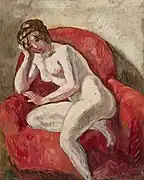 Louis Valtat, 1913, Nu au fauteuil (Nu sur fond rose), oil on canvas, 81.4 x 65.4&nbsp;cm, private collection. Exposició d'Art francès d'Avantguarda, Galeries Dalmau, Barcelona, 1920
