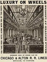An 1880s print advertisement extolling the virtues of meal service aboard the Chicago and Alton Railroad