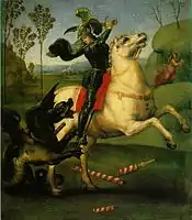Saint George and the Dragon, a small work (29 x 21&nbsp;cm) for the court of Urbino (Louvre)