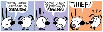 Mimi says: Copying without permission is stealing! Eunice says: Copying without permission is stealing! Mimi shouts at Eunice: THIEF!