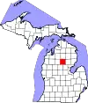 Map of Michigan highlighting Roscommon County