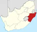 Map indicating the extent of KwaZulu-Natal within the Republic of South Africa