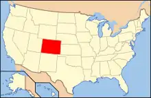 Map of the United States, showing the location of Colorado in red. Colorado is roughly in the center of the United States, south of Wyoming, West of Kansas and Nebraska, North of New Mexico, and East of Utah.