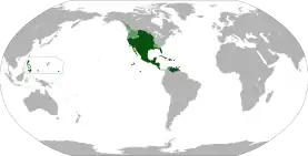 Anachronistic map showing all territories that were ever part of the Viceroyalty of New Spain (dark green). The areas in light green were territories claimed but not controlled by New Spain.