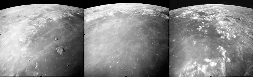 These are three views of northern Mare Crisium on the Moon, taken by the mapping camera of the Apollo 17 mission in 1972, facing north-northeast from an average altitude of 118&nbsp;km on Revolution 27 of the mission.  At the right is the east margin of Mare Crisium, with the north tip of Promontorium Agarum visible in the foreground, and Mare Anguis near the central horizon. The crater Eimmart is visible in both the right and central photos as a bright patch (near the top in each).  The center photo shows an obvious lack of large craters in the mare indicating a relatively young age of the basalt, and the crater Eimmart C is visible as a ring at the edge of the mare near the top center. The left photo shows the western margin of the mare, with the crater Peirce (larger) and Swift (smaller) in the mare, and the large crater Cleomedes near the central horizon.  The rays of the crater Proclus (further to the west, not shown) are prominent in the mare.  These photos were taken within minutes of each other.  The sun elevation drops from 60 degrees at right to 46 degrees at left as the Command Module America orbited the Moon.
