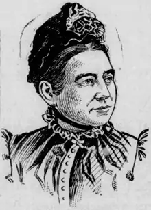 Drawing of a woman looking to her left. She has dark hair and Victorian-Era clothing (including a fancy hat).