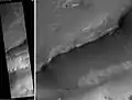 Maunder Crater. The overhang is part of the degraded south (toward bottom) wall of crater. The scale bar is 500 meters long.