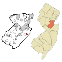 Map of Brownville CDP in Middlesex County. Inset: Location of Middlesex County in New Jersey.