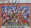 Melee combat between knights on horseback (troops of emperor Henry VII defeating the Guelph revolt led by Guido della Torre in Milan, 1311), Codex Balduini Trevirensis, c. 1320–1340.