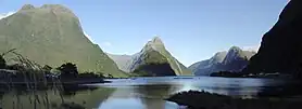 Panorama of Milford Sound looking northwest from the township