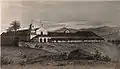 A painting of Mission San Diego de Alcalá as it appeared in 1848 depicts the original campanario ("bell tower"), before it was reduced to rubble. The painting also shows the enclosed front portico.