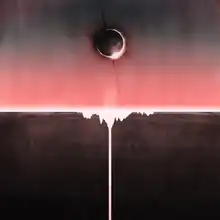 On the top half a solar eclipse centered in a pink to gray gradient sky. On the bottom half a white drip pattern over a black field. The drip is more pronounced towards the center with one of the drip lines at the exact center, extending fully to the bottom.