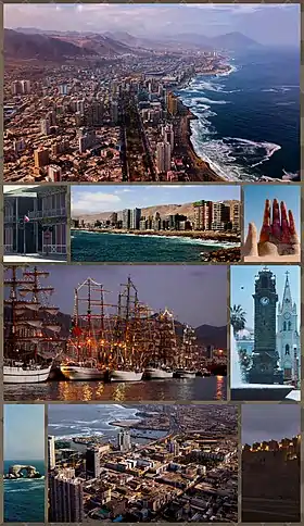 Top row: View of downtown Antofagasta2nd row: Old Antofagasta Customs House building, Beach of Antofagasta, "Mano del Desierto" (Hand of the Desert) Sand Sculpture in Atacama Desert 3rd row: Sailboats, Plaza Colón clocktower Bottom row: La Portada Natural Monument, Panorama of North Antofagasta, Ruins of Huanchaca.