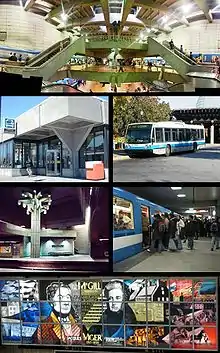 Top: Lionel-Groulx Metro station and STM logo. Prior to 2002, it was referred to as STCUM.
Second row: Honoré-Beaugrand Metro station, a 1996 NovaBus LFS "167 Le Casino" leaving the Montreal Biosphère and heading to the Casino de Montréal.
Third row: Georges-Vanier Metro station, Berri-UQAM Metro station.
Bottom: Montreal's first two mayors, Jacques Viger and Peter McGill, in stained glass in the McGill Station of the Montreal Metro.