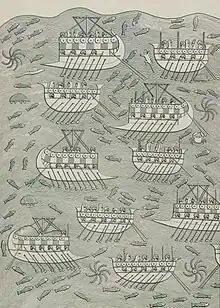 A group of stylized ships propelled by oars, half of them with pointed bows and half with rounded bows in a sea full of fish and other sea creatures