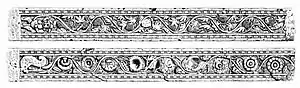 Reliefs of the Mora doorjamb with grapevine design, Mora, near Mathura, circa 15 CE. State Museum Lucknow, SML J.526. Similar scroll designs are known from Gandhara, from Pataliputra, and from Greco-Roman art.