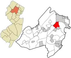 Location of Boonton Township in Morris County highlighted in red (right). Inset map: Location of Morris County in New Jersey highlighted in orange (left).