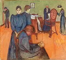 Death in the Sickroom, c. 1895, oil on canvas, 150&nbsp;cm ×&nbsp;168&nbsp;cm (59&nbsp;in ×&nbsp;66&nbsp;in), Nasjonalgalleriet, Oslo
