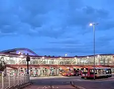 Mansfield bus station with the turf-roof of Queen's Place low-energy building visible behind