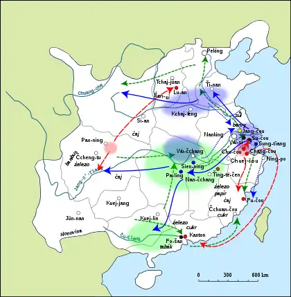 Map of China, showing regions of cultivation and trade patterns for rice and food, cotton and cotton fabrics, and silk. Significant economic centers are marked.