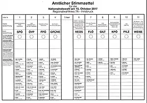 Ballot from the 2017 legislative election in Austria, using party list proportional representation. Voters choose one party.