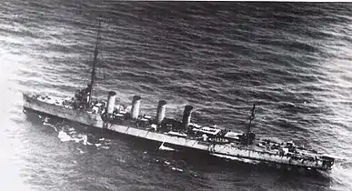 The battle-damaged SMS&nbsp;Novara&nbsp;(1913) after a victorious naval battle