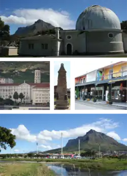Top: One of the historic buildings at the former Royal Observatory, Cape of Good Hope. Middle left: Groote Schuur Hospital. Centre Middle: A World War I monument. Middle right: Cafes on lower main road in Observatory. Bottom: Observatory's soccer and hockey stadium looking towards Devil's Peak.