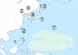 De jure map of Japan and its several colonies under Allied occupation.
# The Japanese archipelago, placed under the authority of the Supreme Commander for the Allied Powers (de facto United States), effective 1945–1952 (note: a portion of Japanese territory was put under United States administration after 1952 in accordance with Article 3 of San Francisco Peace Treaty: Iwo Jima (until 1968) and Okinawa (until 1972); such arrangement was treaty based, and not part of the Allied occupation).
# Japanese Taiwan, placed under the authority of China.
# Karafuto Prefecture and the Kuril Islands, placed under the authority of the Soviet Union.
# Japanese Korea south of the 38th parallel north, placed under the authority of the United States Army Military Government in Korea, granted independence in 1948 as the Republic of Korea (South Korea). Japanese Korea north of the 38th parallel north, placed under the authority of the Soviet Civil Administration, granted independence in 1948 as the Democratic People's Republic of Korea (North Korea)
# The Kwantung Leased Territory, a Japanese colony occupied by the Soviet Union 1945–1955, returned to China in 1955.
# South Manchuria Railway (Mantetsu), a colony placed under Soviet occupation
# The South Pacific Mandate, Japanese colony in the name of the League of Nations, occupied by the United States 1945–1947, converted into the Trust Territory of the Pacific Islands of the United Nations under the US administration in 1947.