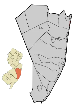 Location of Mantoloking in Ocean County highlighted in red (right). Inset map: Location of Ocean County in New Jersey highlighted in orange (left).