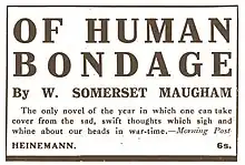 press advertisement quoting a review: "The only novel of the year in which one can take cover from the sad, swift thoughts that sigh and wine about our heads in war-time"
