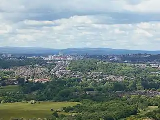 View of Oldham from Hartshead Pike, 2.5 miles (4.0&nbsp;km) away.