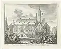 This 1750 "historic" engraving of an uprising in 1492 shows the tower which was torn down in 1672, the old stairs that were redesigned in 1730, and the balcony in front of the "Vierschaar" which was torn down in 1855.