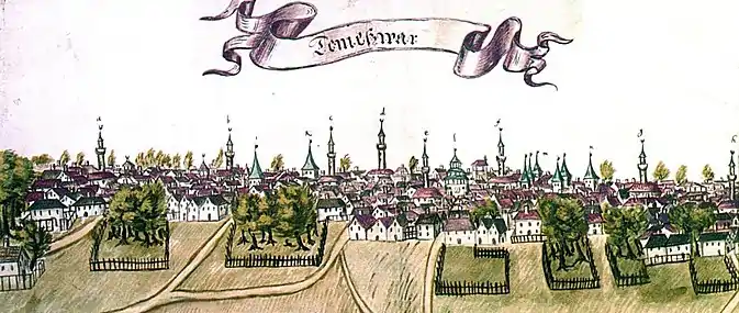 Ottendorf's veduta, a view from the north side of the fortress.Here: a–h indicate 8 minarets of mosques; i&nbsp;— the tower of Azaps gate (P); k&nbsp;— the Water Gate tower (Q); l&nbsp;— the Rooster Gate tower (O); m&nbsp;— four of them are the towers of the castle, and one is the Water Tower; n&nbsp;— the tower of the Blood Gate (S).