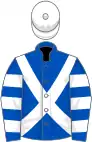 Royal blue, white cross belts, hooped sleeves, white cap Purple & Pink!